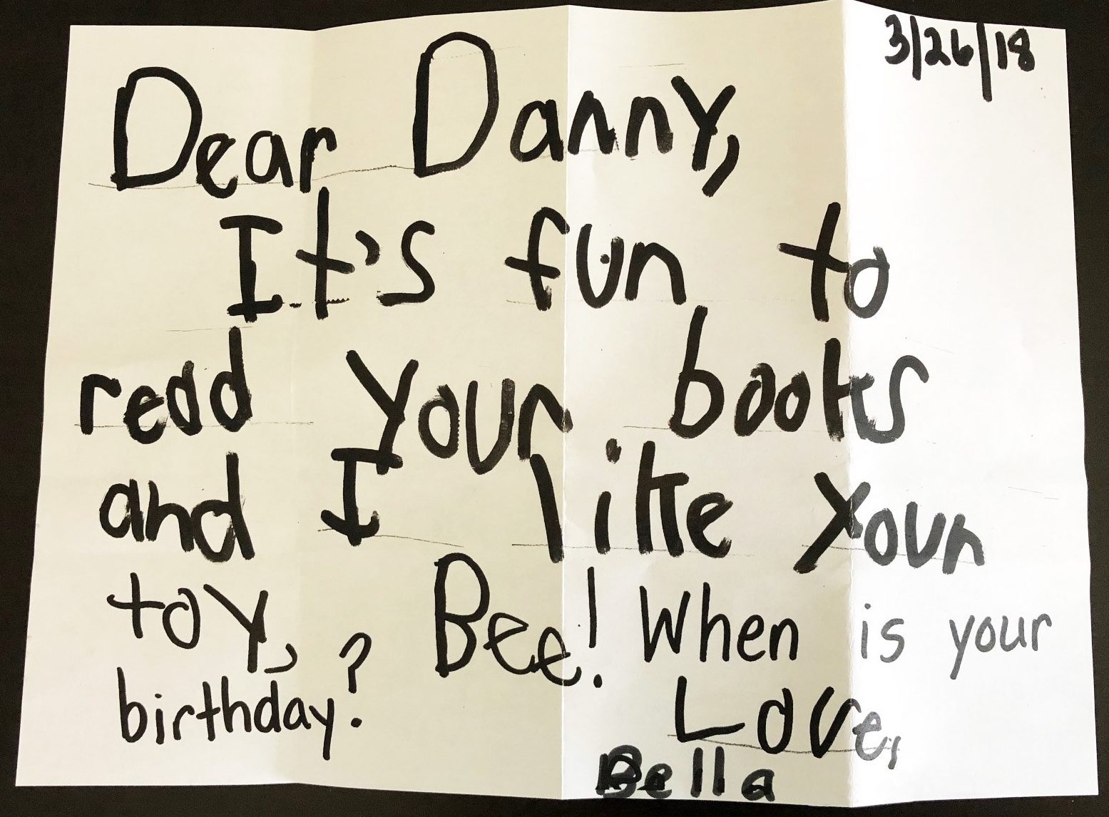 Letter from young reader who likes Danny and Bee